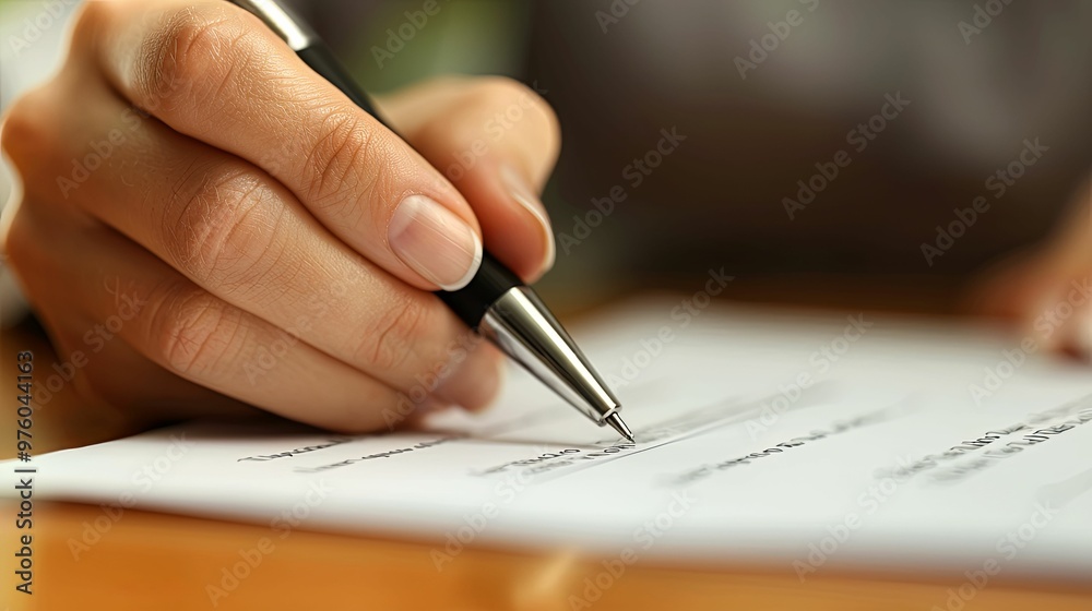 Close-up of a hand signing a document with a pen Close-up of a hand signing a document with a pen