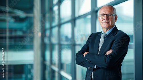 Business portrait of a senior executive standing in front of a corporate background