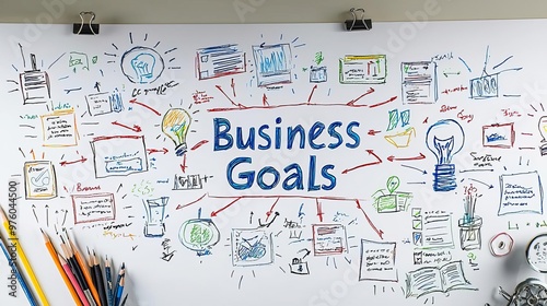 Creative Business Concept Branding Goals Mind Map on Whiteboard A whiteboard filled with a mind map that branches out from "Business Goals" to concepts like branding