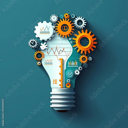 Creative Business Concept Branding Goals Lightbulb with gears and charts, symbolizing creative business concepts and branding, no face, flat design illustration
