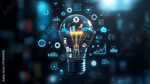 Creative Business Concept Branding Goals Lightbulb with gears and charts, symbolizing creative business concepts and branding, no face, flat design illustration