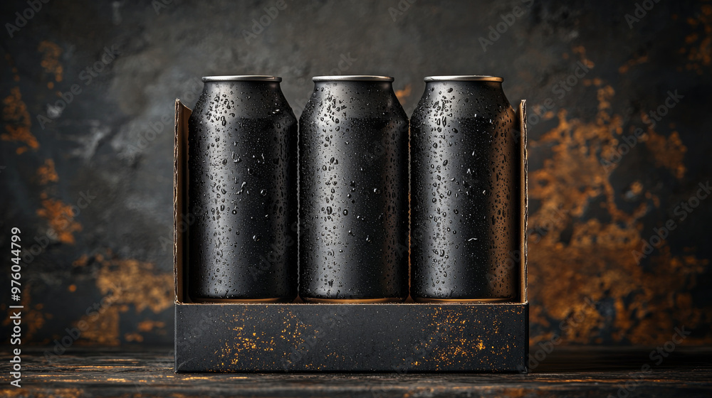 Three black cans of beverage in a cardboard holder. Three black cans of beverage in a cardboard holder.