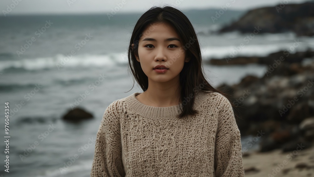 Casual Asian girl in a cozy sweater by the sea. Casual Asian girl in a cozy sweater by the sea.