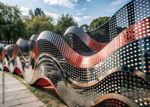 Abstract art installation of wave patterns in a green outdoor space. Generative AI photo