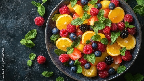 A colorful fruit salad with mint leaves on a dark background.