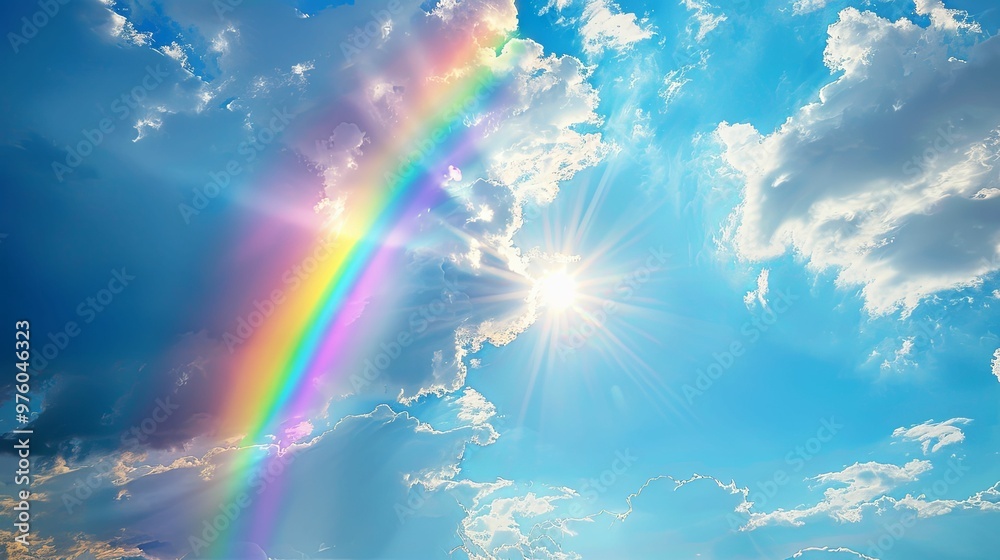 A Rainbow Arching Through a Sunny Blue Sky with White Clouds A Rainbow Arching Through a Sunny Blue Sky with White Clouds