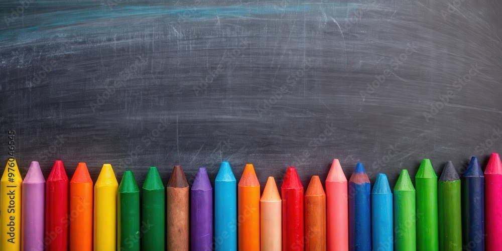 Colorful crayons on blackboard, children's drawing. Back to school background, crayons, colorful, blackboard Colorful crayons on blackboard, children's drawing. Back to school background, crayons, colorful, blackboard