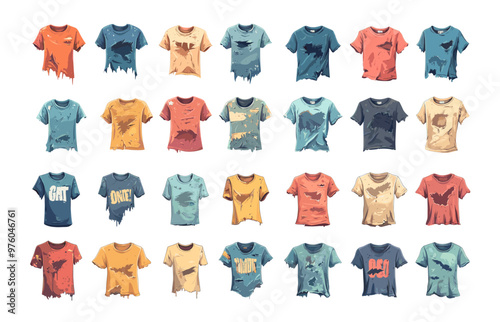 Torn dirty shirts cartoon vector set. Tops holes grime ragged shredded stained filthy ripped crumpled old clothes, unclean casual textile messy worn out soiled garments isolated illustrations
