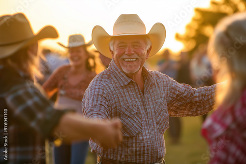 Sunset Line Dance: Joyful Cowboy Celebration. A cheerful man in cowboy attire dances joyfully with friends during a sunset gathering, celebrating community and the spirit of country music.