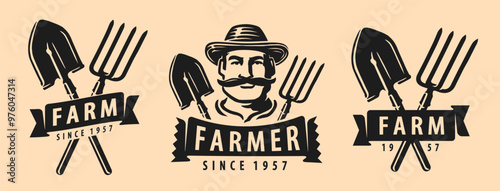 Farm company badge or emblem set. Farming, agriculture symbol, vector illustration