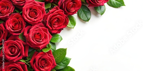 Fototapeta Naklejka Na Ścianę i Meble -  Close-up of red roses with green leaves arranged in a corner border, red, roses, flowers, green leaves, isolated, corner