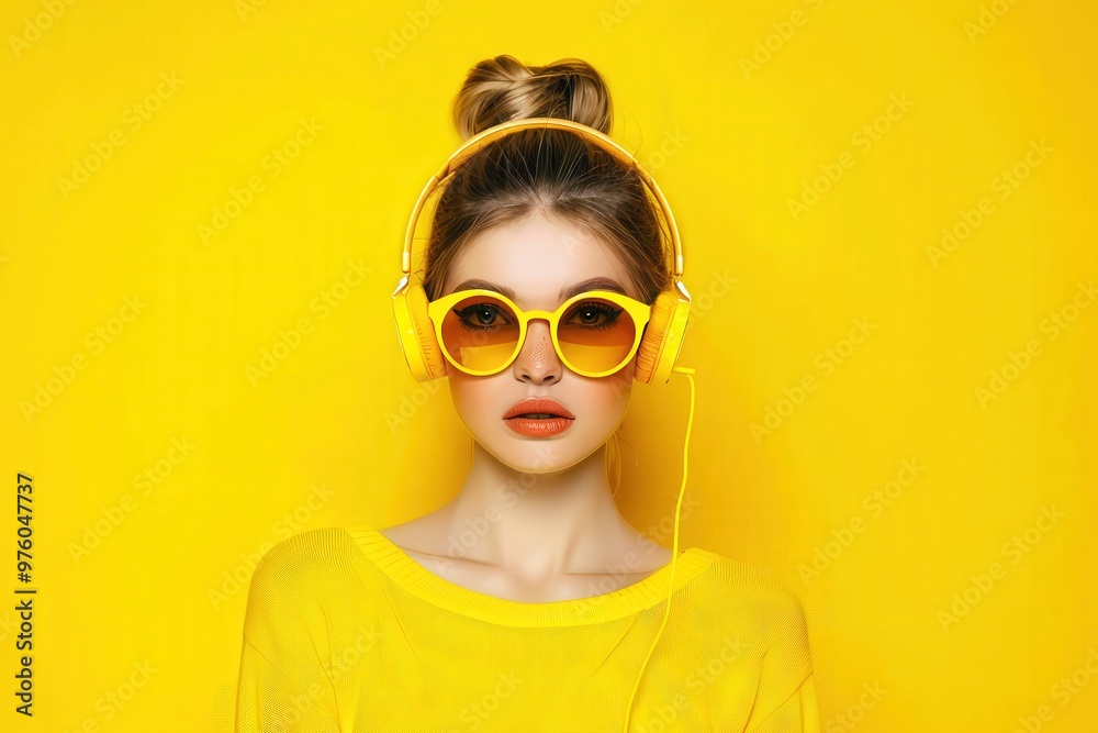 Yellow Monochrome: A young woman in a vibrant yellow outfit, sunglasses, and headphones against a solid yellow background, exuding a sense of confidence and cool. Yellow Monochrome: A young woman in a vibrant yellow outfit, sunglasses, and headphones against a solid yellow background, exuding a sense of confidence and cool.