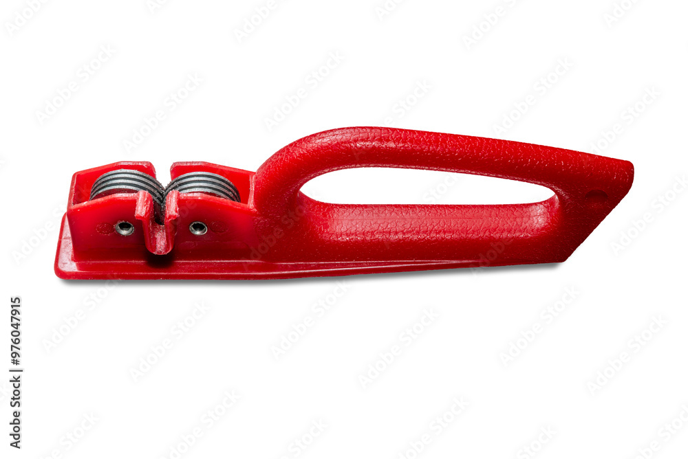 Steel knife sharpener with red plastic handle, knife sharpening kitchen tool isolated Steel knife sharpener with red plastic handle, knife sharpening kitchen tool isolated