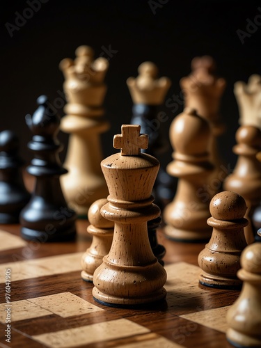 Chess pieces arranged on a board, poised for a strategic game.