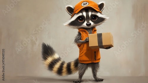 Curious Raccoon Delivery Service - Adorable woodland creature in orange outfit holding package and cap in gray background. photo