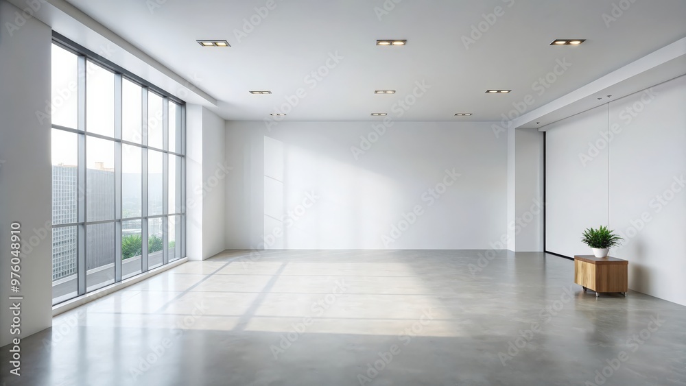 Fototapeta premium Empty light room interior with white walls and minimal furniture, minimalist, spacious, clean, bright, empty