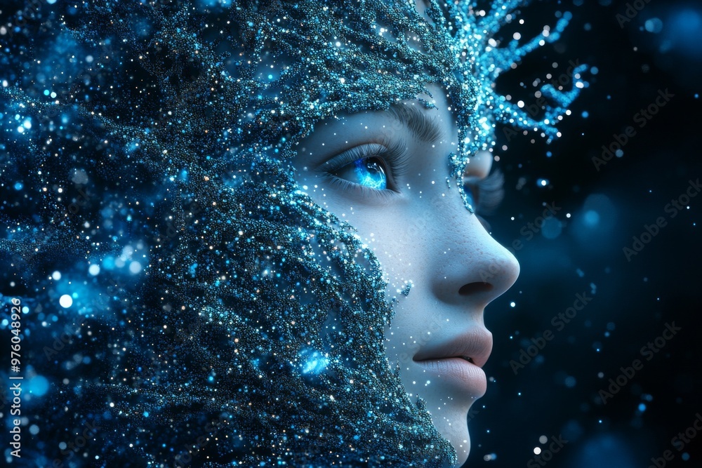 Woman surrounded by cosmic particles symbolizing the connection between the universe thought and human creativity in a dynamic conceptual setting Woman surrounded by cosmic particles symbolizing the connection between the universe thought and human creativity in a dynamic conceptual setting
