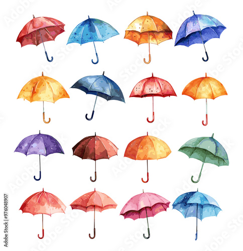 Umbrellas watercolor vector set. Rain shower protection city urban classical modern wear accessory illustrations isolated on white background