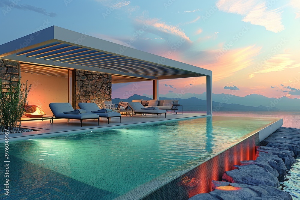 Fototapeta premium pool and lounge chairs, eco-architecture, atmospheric lighting