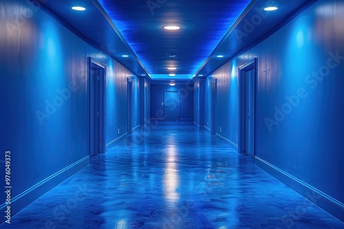 A long hallway with blue walls and blue lights