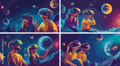 Vr metaverse reality cartoon vector concepts. Men women googles augmented headset planets stars positive characters, exploring virtual galaxy space outer world digital cyber universe illustrations