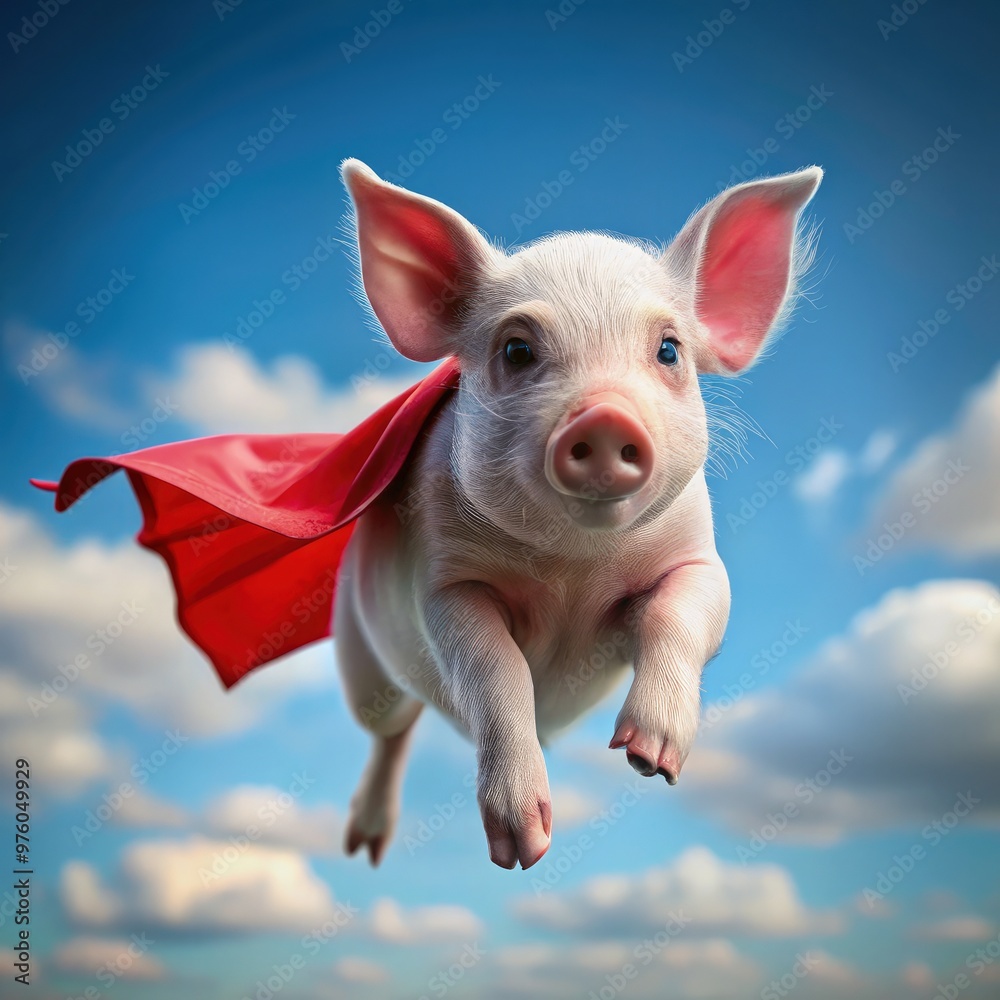 White piglet with a red cape flying through a blue sky during daytime. Generative AI White piglet with a red cape flying through a blue sky during daytime. Generative AI