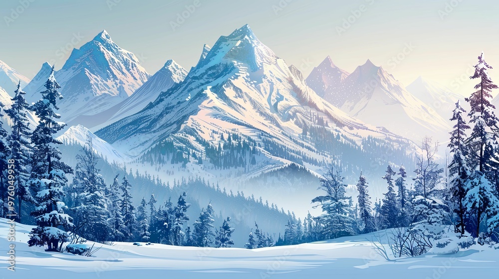 Snowy Mountain Range with Pine Trees in Foreground Snowy Mountain Range with Pine Trees in Foreground