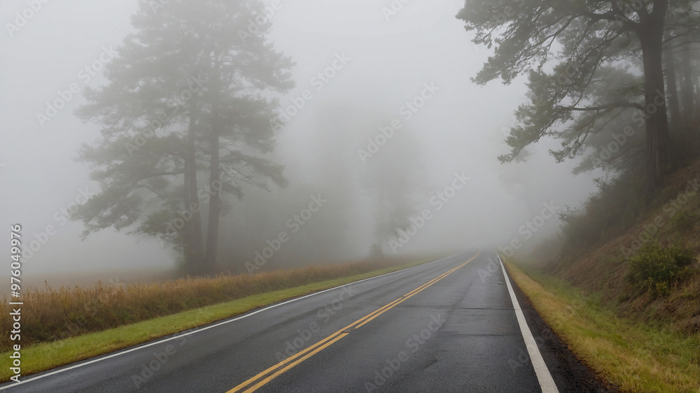 Fototapeta premium A serene misty road winds through a foggy forest in the early morning haze, creating a tranquil atmosphere.