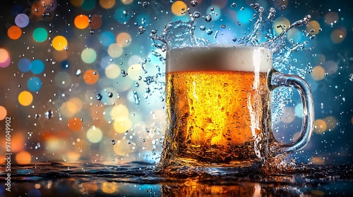 A glass of beer with a splash of water against a bokeh background.