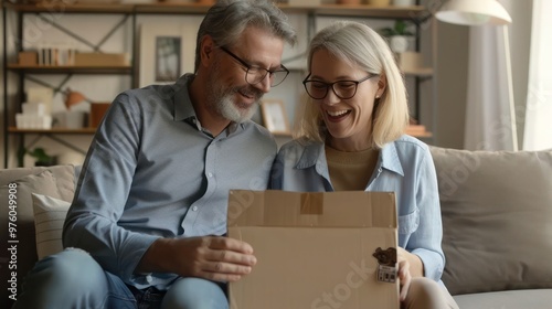 Happy mature couple customers unpacking parcel sitting at home on couch. Senior middle aged grandparents opening online store order receiving gift in postal delivery shipping box.