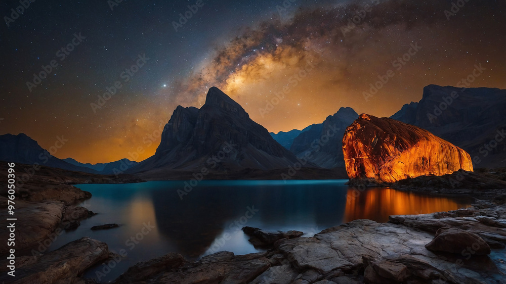 Night view of illuminated rocks in the water with a starry sky and distant mountains in the background. Night view of illuminated rocks in the water with a starry sky and distant mountains in the background.