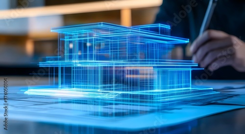 A holographic representation of an architectural design, showcasing the exterior and interior layout of a modern home. The concept of Digital Building Information Modeling (BIM) engineers. 
