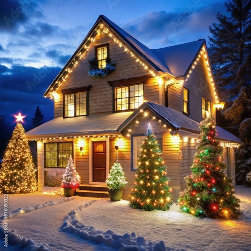 Twinkling Christmas lights adorn a cozy house in winter wonderland setting. Generative AI