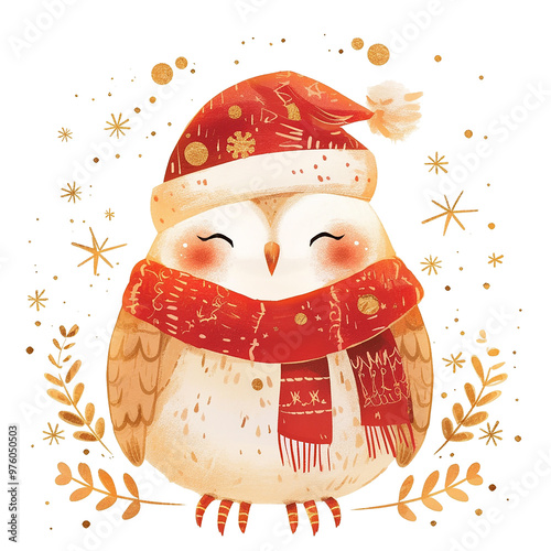 A cute owl wearing a red scarf and a Santa hat. The owl is sitting on a branch with berries and snowflakes in the background