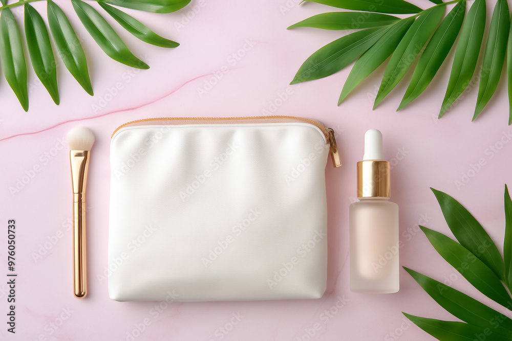 A collection of beauty essentials is displayed on a soft pink surface, featuring a white pouch, serum bottle, and a fluffy makeup brush alongside tropical leaves A collection of beauty essentials is displayed on a soft pink surface, featuring a white pouch, serum bottle, and a fluffy makeup brush alongside tropical leaves