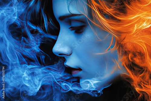 Profile of a woman with glowing orange and blue particles symbolizing the fusion of creativity and thought in a vibrant artistic setting