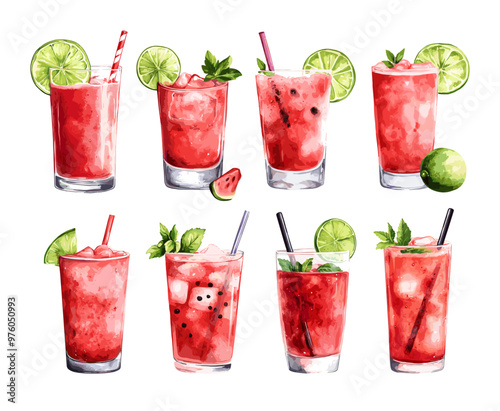 Watermelon cocktails watercolor vector set. Glass tubes ice cubes lime slices fresh cold juice summer drinks cool tonics beverages illustrations isolated on white background