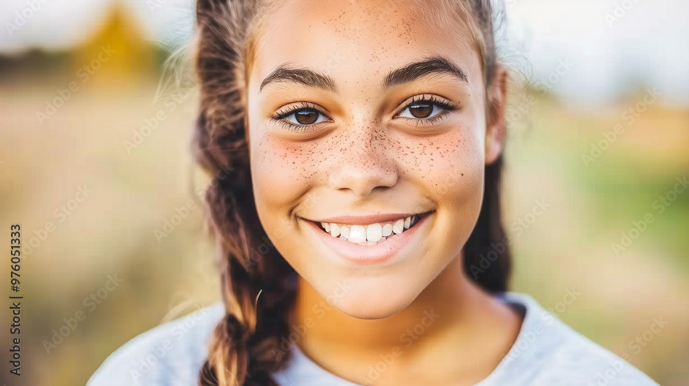 smiling young girl with freckles and braided hair smiling brightly while standing outdoors in soft natural light, radiating warmth and happiness smiling young girl with freckles and braided hair smiling brightly while standing outdoors in soft natural light, radiating warmth and happiness