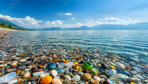 The sea is full of colorful pebbles, and the pebble beach on both sides is covered with many colored glass stones