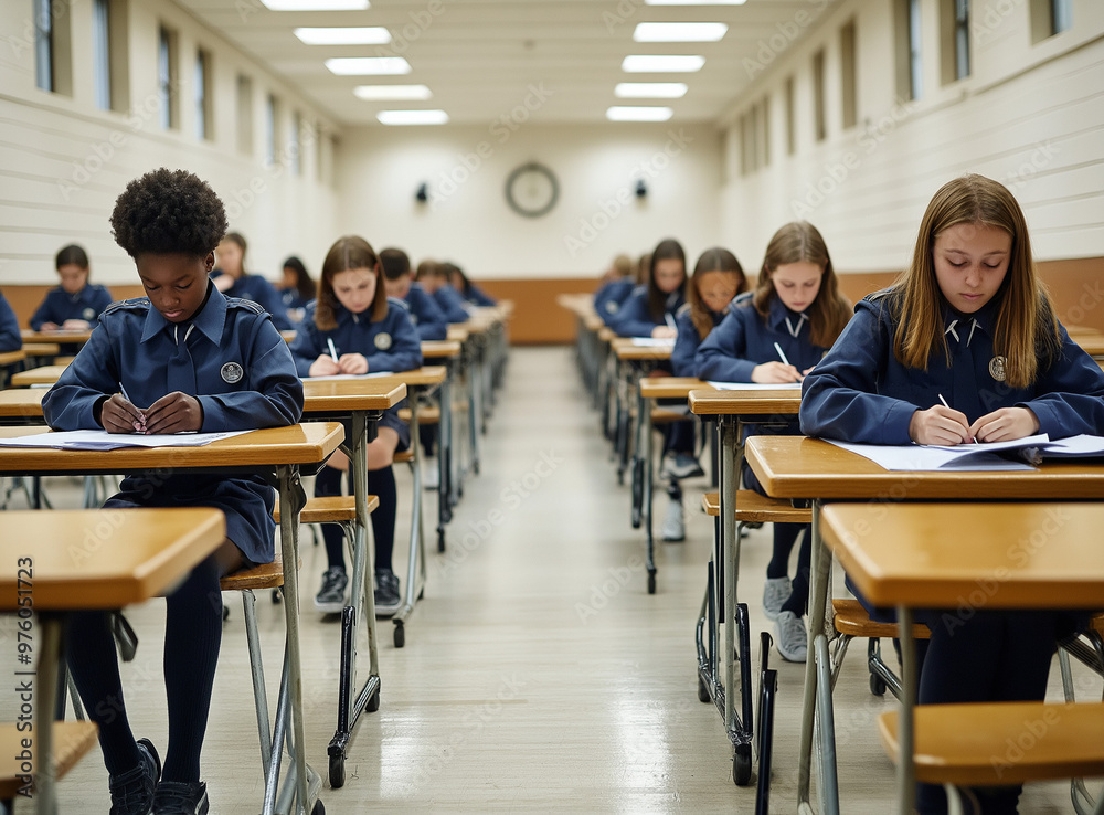 A group of students in uniforms sit at desks in a classroom, focused on writing during an exam or test. The atmosphere is studious and formal A group of students in uniforms sit at desks in a classroom, focused on writing during an exam or test. The atmosphere is studious and formal
