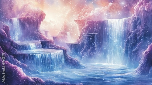 Wallpaper Mural Mystical waterfalls cascade down a snow-covered mountain range, a dreamy landscape. Torontodigital.ca