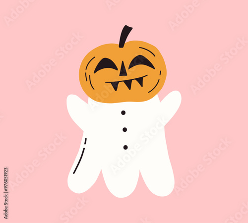 Kawaii ghost with scary pumpkin mask. Spooky funny happy character. Halloween cute flying ghost. Childish boo phantom character for kids. Vector flat hand drawn illustration