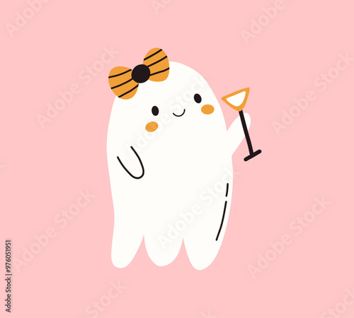 Kawaii ghost girl with bow glass of cocktail. Spooky funny happy character. Halloween cute flying ghost. Childish boo phantom character for kids. Vector flat hand drawn illustration