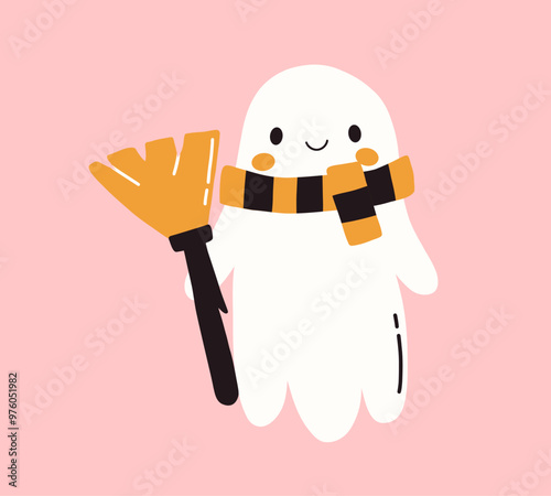 Kawaii ghost with broomstick and scarf. Spooky funny happy character. Halloween cute flying ghost. Childish boo phantom character for kids. Vector flat hand drawn illustration