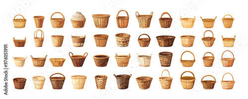 Wicker basket cartoon vector set collection. Hampers rural picnic straw bamboo wood storage keeping boxes vintage restored household stuff, illustrations isolated on white background