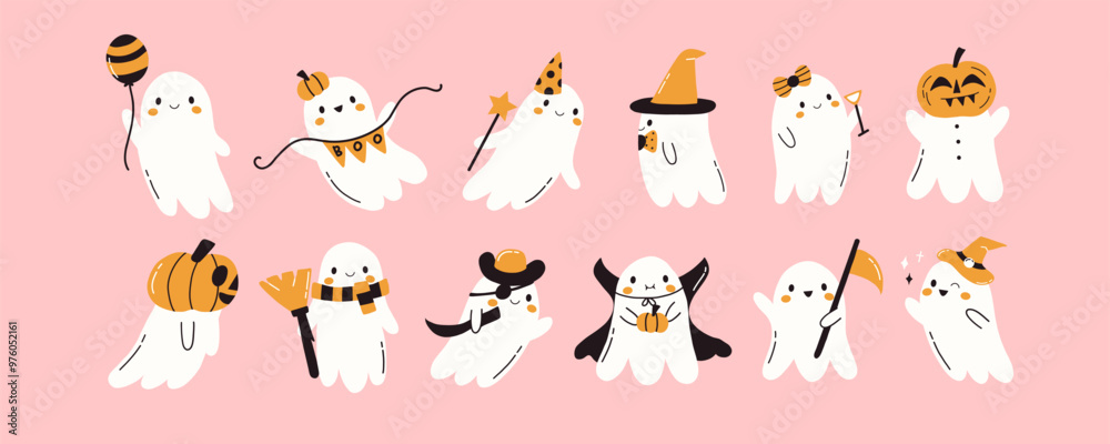 Fototapeta premium Set of kawaii ghost. Spooky funny happy character. Halloween cute flying pumpkin ghosts. Childish boo phantom characters for kids. Vector flat hand drawn illustration