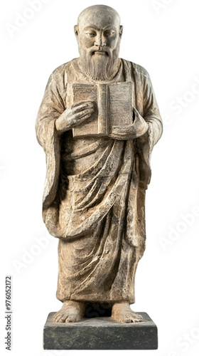 Full-length statue of an Egyptian pharaoh typing on a stone keyboard the keyboard integrated with the statue's material plain white background