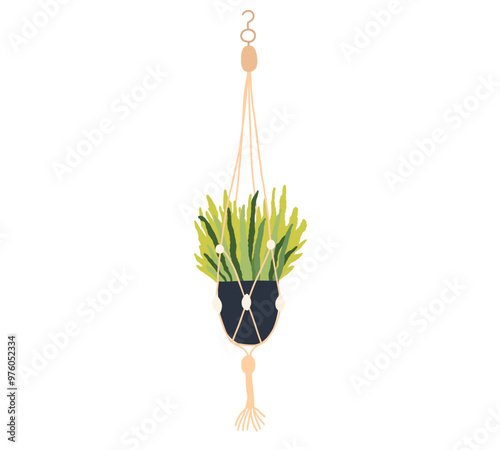 Macrame hanging plant in pot. Garden house indoor hanger flowerpot. Hanging home plant for interior decor. Vector flat illustration