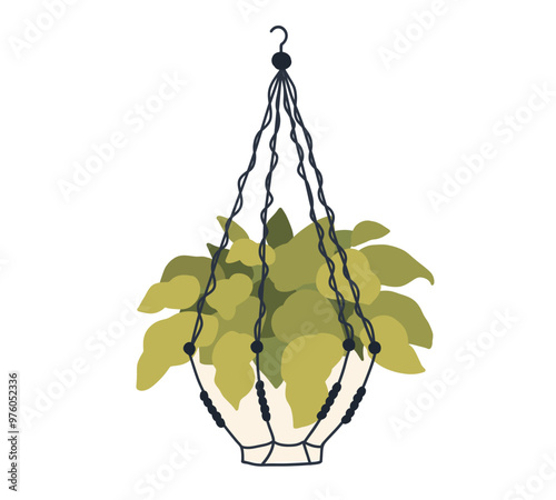 Macrame hanging plant in pot. Garden house indoor hanger flowerpot. Hanging home plant for interior decor. Vector flat illustration