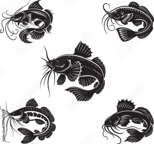 stinging catfish set silhouette vector art white background.